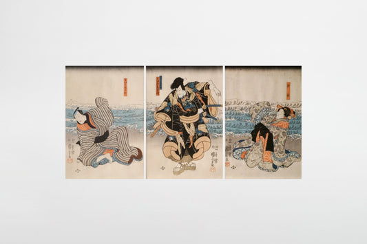 Utagawa Kuniyoshi: Tryptichon mit Darstellung von Schauspielern (Kabuki-e) – Japan, ca. 1850