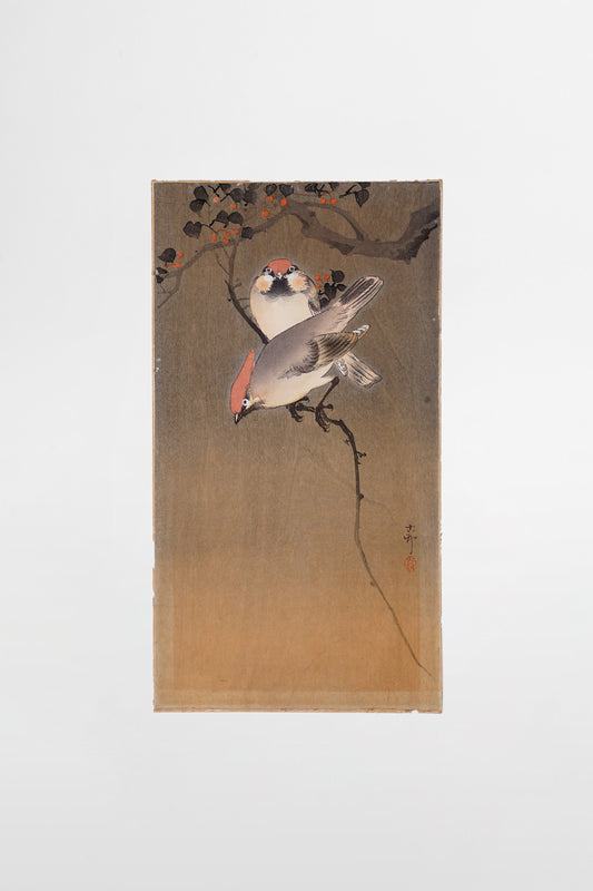 Ohara Koson: Zwei Seidenschwänze auf einem Zweig – Japan, frühes 20. Jahrhundert