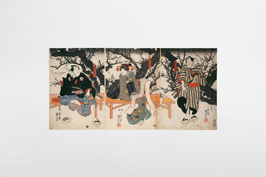 Utagawa Kuniyoshi: Triptychon mit Darstellung von Schauspielern (Kabuki-e) – Japan, 1848