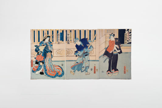 Utagawa Kunisada: Tryptichon mit Darstellung von Schauspielern (Kabuki-e) – Japan, ca. 1862