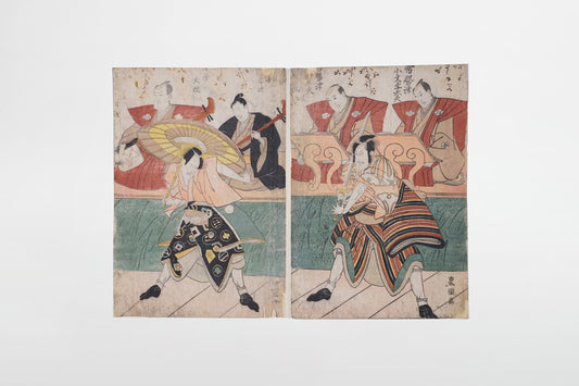Utagawa Toyokuni: Diptychon mit Darstellung von Schauspielern (Kabuki-e) – Japan, frühes 19. Jahrhundert