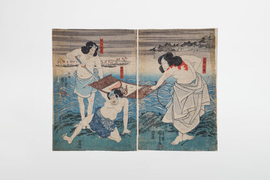 Utagawa Kuniyoshi: Diptychon mit Darstellung von Schauspielern (Kabuki-e) – Japan, Mitte des 19. Jahrhunderts
