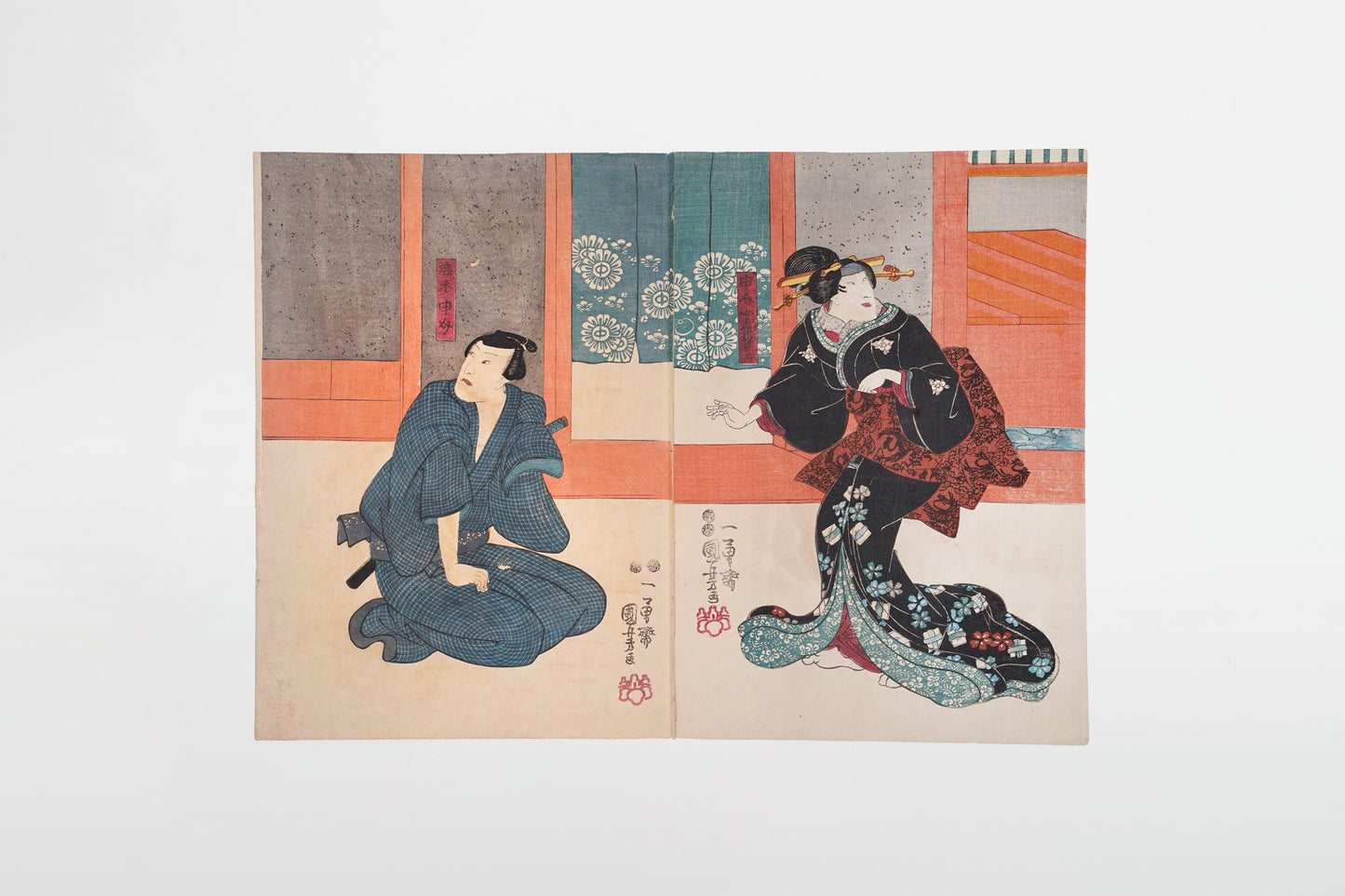Utagawa Kuniyoshi: Diptychon mit Darstellung von Schauspielern (Kabuki-e) – Japan, 1849