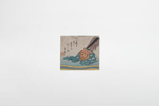 Shishimai-Maske mit Gedicht; Neujahrs-Surimono – Japan, ca. 1830